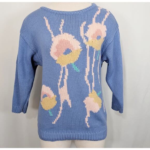 Vintage 80s Sweater Periwinkle Blue Floral Knit Hand Loomed Misses Size S - Picture 3 of 7